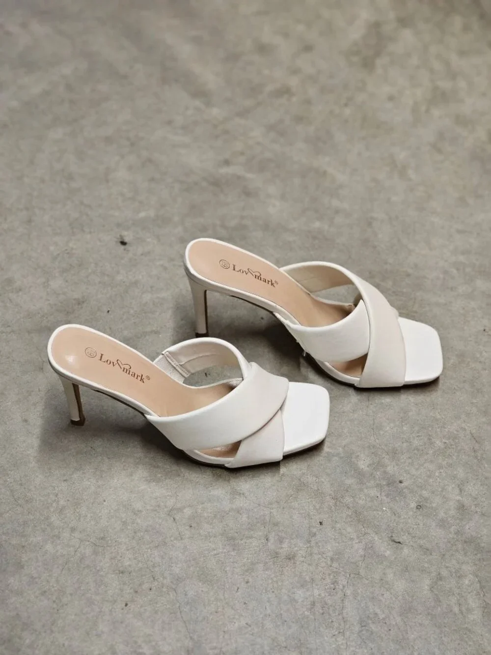 White Cross Strap Stiletto Heel Mules With Square Toe Design For Women